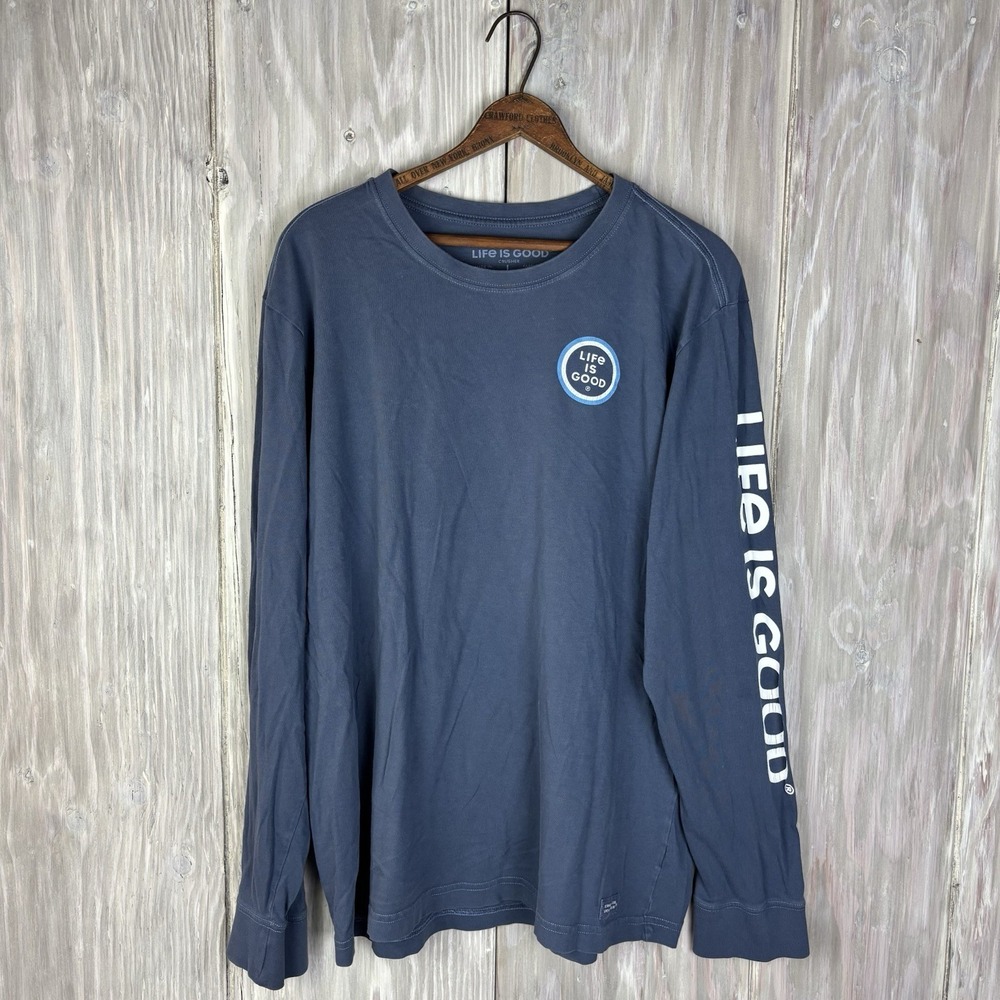 Life Is Good Mens Long Sleeve Crusher Tee Shirt L Blue Sleeve Spellout Logo Peru